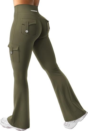 CoreFlex Women Workout Flare Leggings with Pockets Hidden Scrunch High Waisted Cargo Gym Yoga No Front Seam Leggings