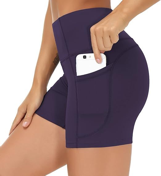 High Waist Yoga Shorts for Women's Tummy Control Fitness Athletic Workout Running Shorts with Deep Pockets