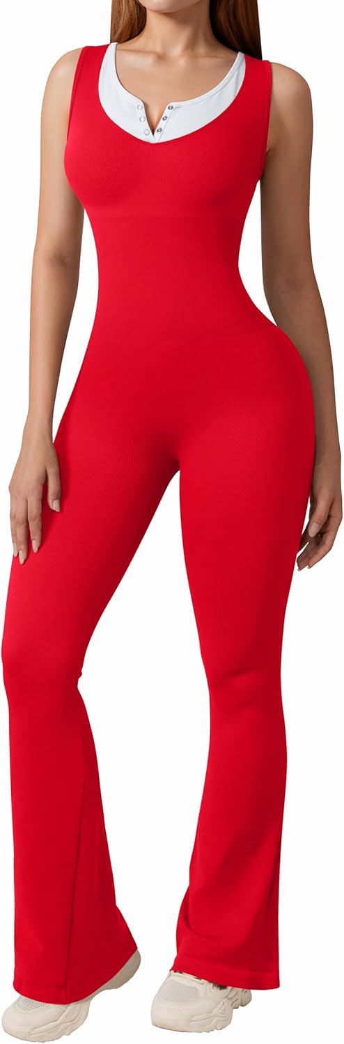 Women Yoga Jumpsuits Ribbed Crew Neck Sleeveless Bell Bottoms Flare Jumpsuits