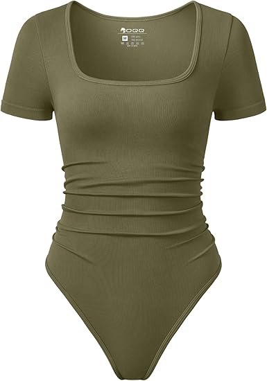 Women Bodysuits Ruched Short Sleeve Square Neck Stretch Lounge Travel Bodysuits