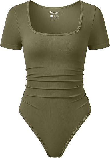 Women Bodysuits Ruched Short Sleeve Square Neck Stretch Lounge Travel Bodysuits