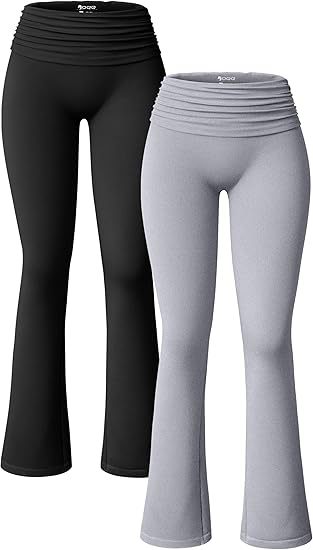 Women's 2 Piece Flared Pants Ribbed Fold Over Kick Ruched Stretch High Waist Casual Wide Leg