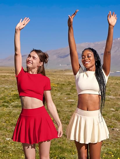 Women Mini Skirts 2 in 1 Flowy Basic Versatile Stretchy Flared Casual A-line Skirt with Pockets