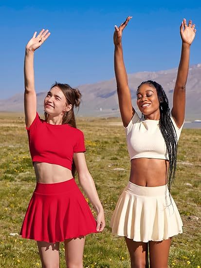 Women Mini Skirts 2 in 1 Flowy Basic Versatile Stretchy Flared Casual A-line Skirt with Pockets