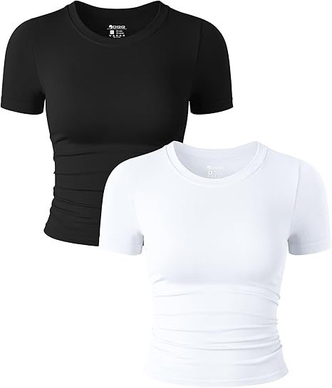 Womens 2 Piece Shirts Short Sleeve Crew Neck Ruched Stretch Fitted Tee Shirts Crop Tops