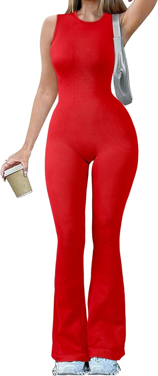 Women Yoga Jumpsuits Ribbed Crew Neck Sleeveless Bell Bottoms Flare Jumpsuits