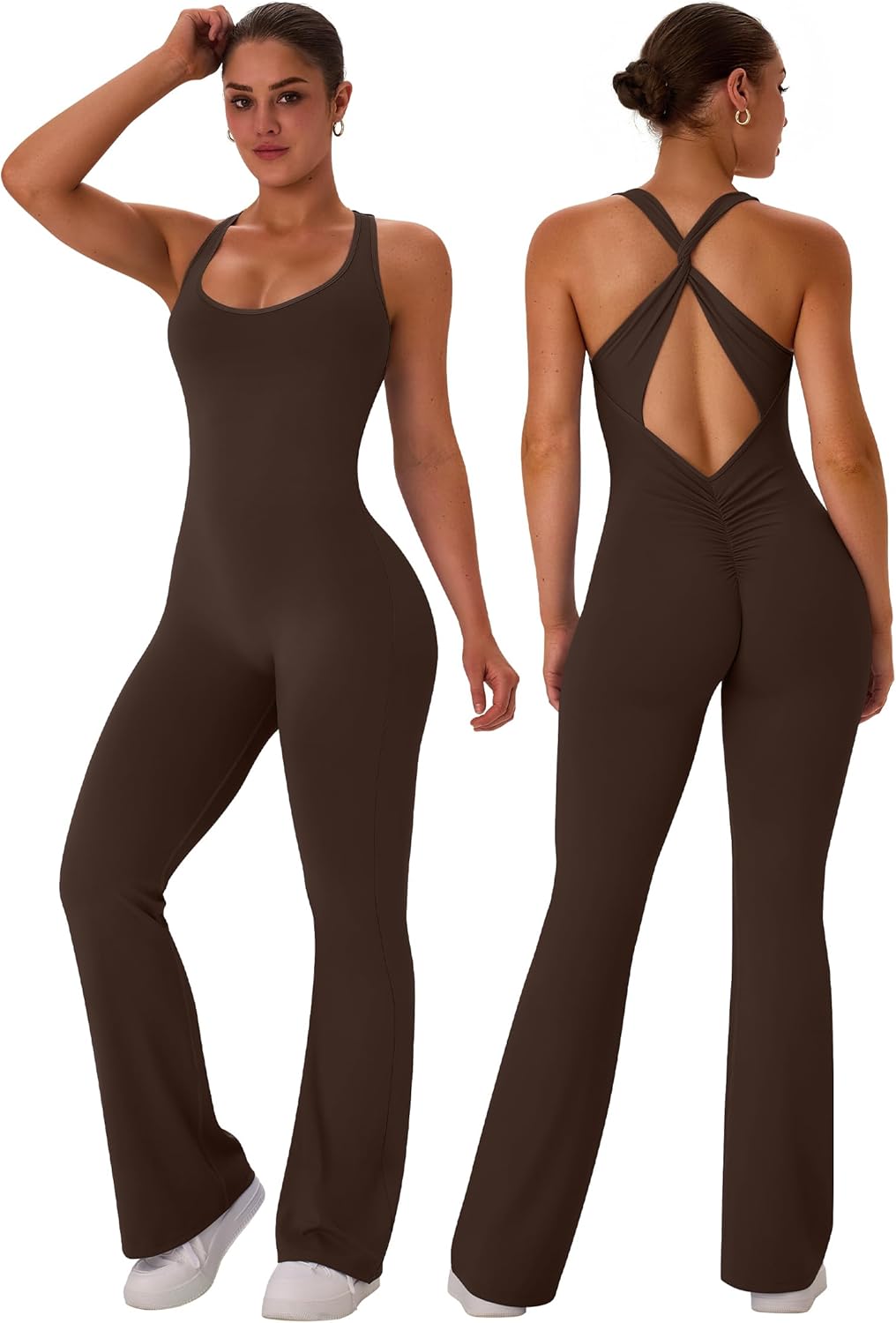  Flare Workout Jumpsuits for Women One Piece Sleeveless Scrunch Butt Lifting Gym Bodysuit Sexy Backless Yoga Outfits
