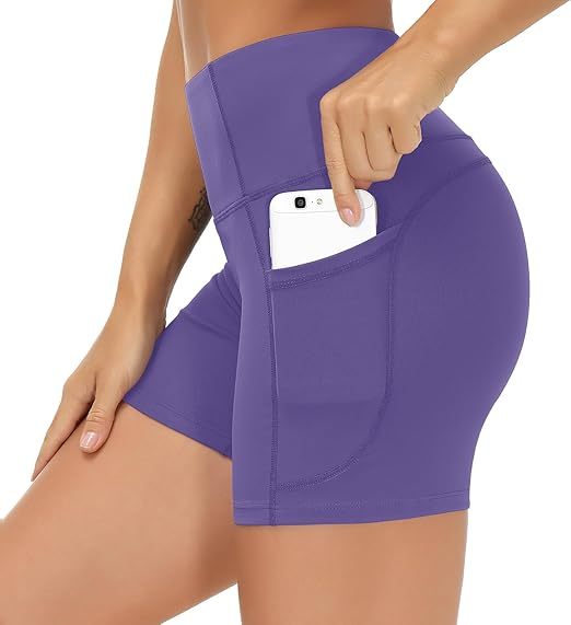 High Waist Yoga Shorts for Women's Tummy Control Fitness Athletic Workout Running Shorts with Deep Pockets