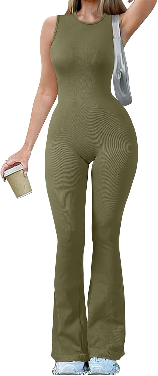 Women Yoga Jumpsuits Ribbed Crew Neck Sleeveless Bell Bottoms Flare Jumpsuits