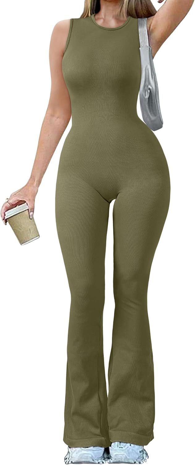 Women Yoga Jumpsuits Ribbed Crew Neck Sleeveless Bell Bottoms Flare Jumpsuits