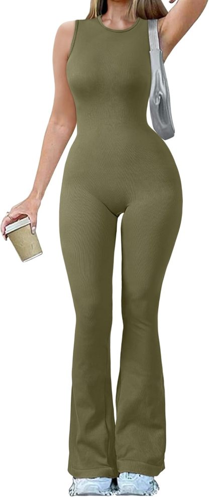 Women Yoga Jumpsuits Ribbed Crew Neck Sleeveless Bell Bottoms Flare Jumpsuits