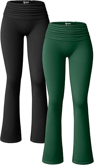 Women's 2 Piece Flared Pants Ribbed Fold Over Kick Ruched Stretch High Waist Casual Wide Leg