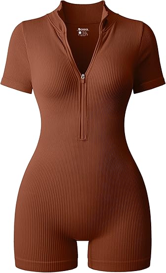 Women Rompers Ribbed Short Sleeve Zip Front Stretch Tummy Control Yoga Workout Rompers