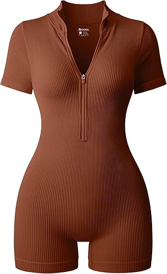 Women Rompers Ribbed Short Sleeve Zip Front Stretch Tummy Control Yoga Workout Rompers