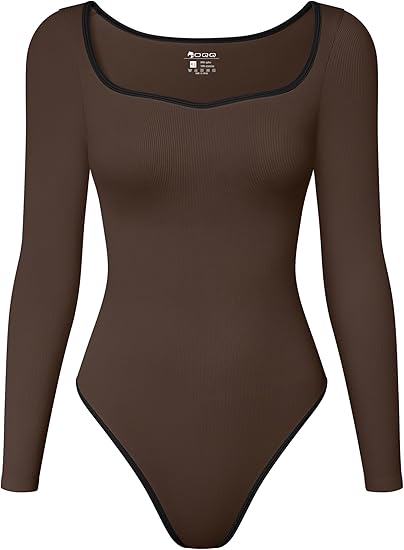 Women Bodysuit Contrast-Trim Square Neck Long Sleeve Stretch Bodysuit Tops