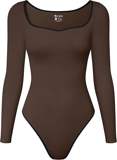 Women Bodysuit Contrast-Trim Square Neck Long Sleeve Stretch Bodysuit Tops