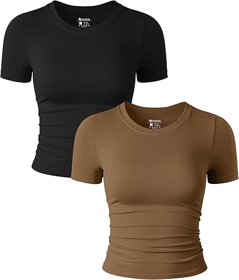 Womens 2 Piece Shirts Short Sleeve Crew Neck Ruched Stretch Fitted Tee Shirts Crop Tops