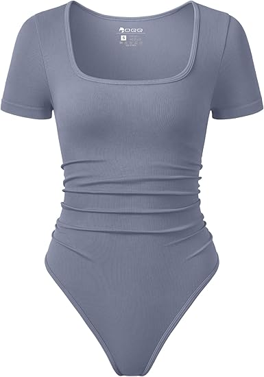 Women Bodysuits Ruched Short Sleeve Square Neck Stretch Lounge Travel Bodysuits