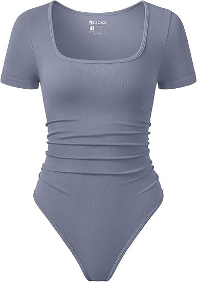 Women Bodysuits Ruched Short Sleeve Square Neck Stretch Lounge Travel Bodysuits