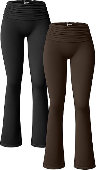 Women's 2 Piece Flared Pants Ribbed Fold Over Kick Ruched Stretch High Waist Casual Wide Leg