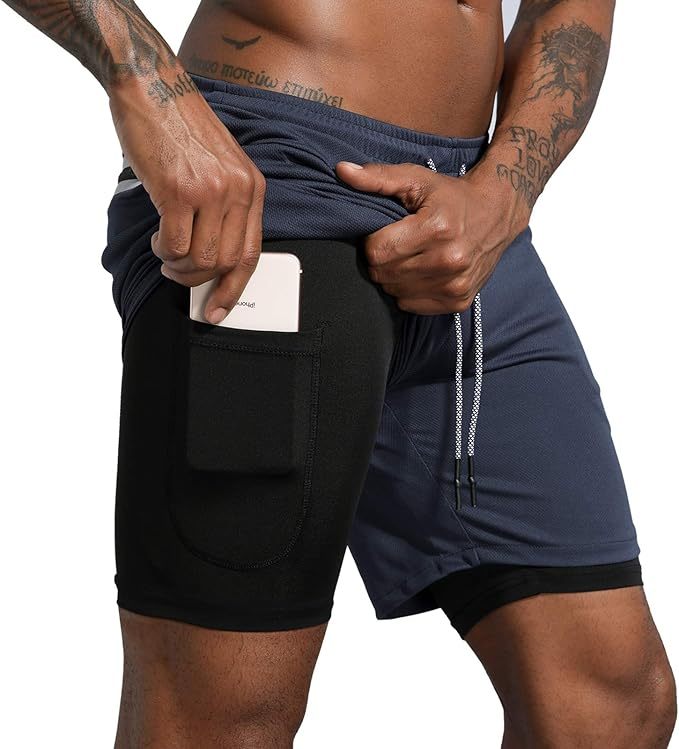 Men's 2 in 1 Workout Running Shorts Lightweight Training Yoga Gym 7" Short with Zipper Pockets