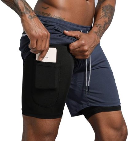 Men's 2 in 1 Workout Running Shorts Lightweight Training Yoga Gym 7" Short with Zipper Pockets