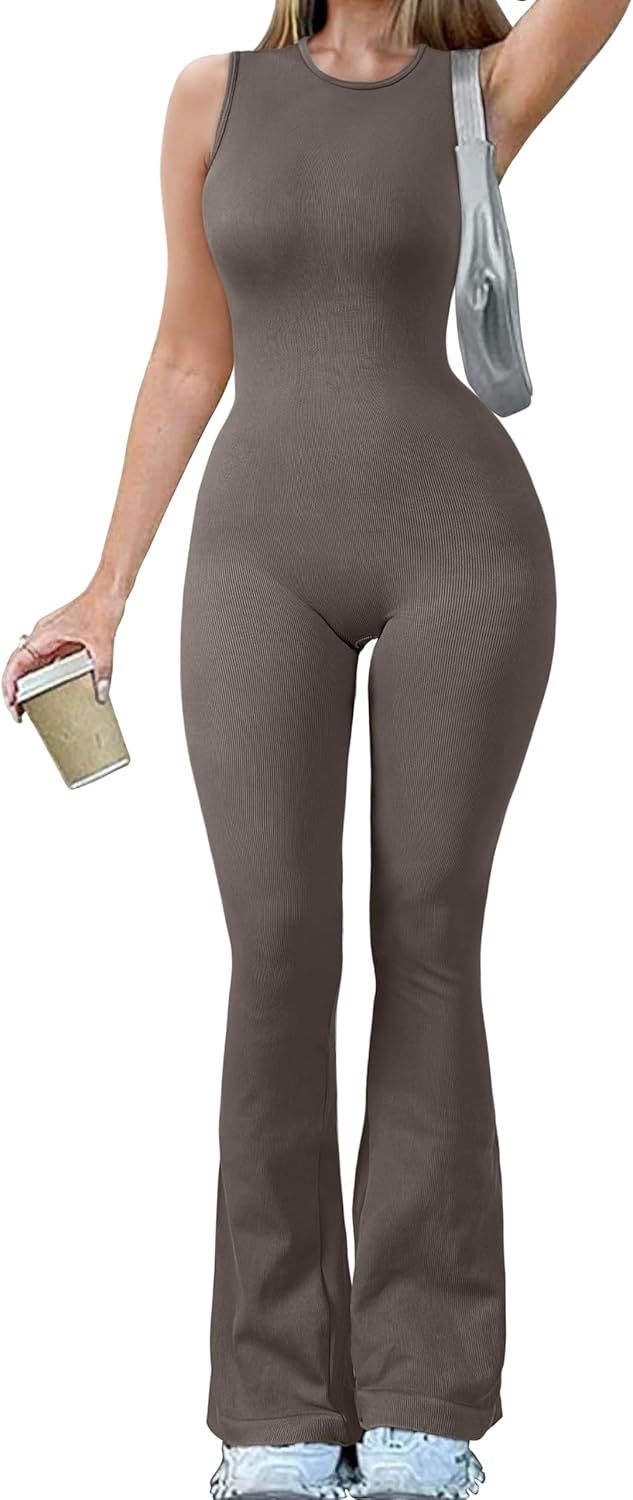 Women Yoga Jumpsuits Ribbed Crew Neck Sleeveless Bell Bottoms Flare Jumpsuits