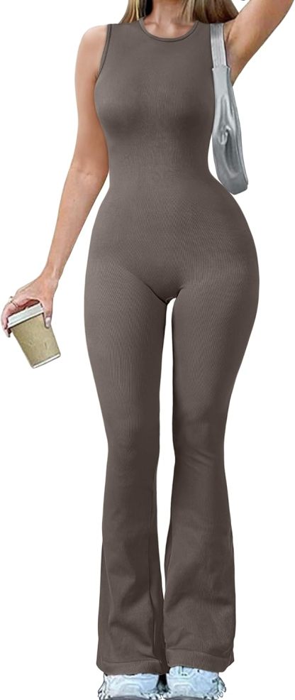 Women Yoga Jumpsuits Ribbed Crew Neck Sleeveless Bell Bottoms Flare Jumpsuits