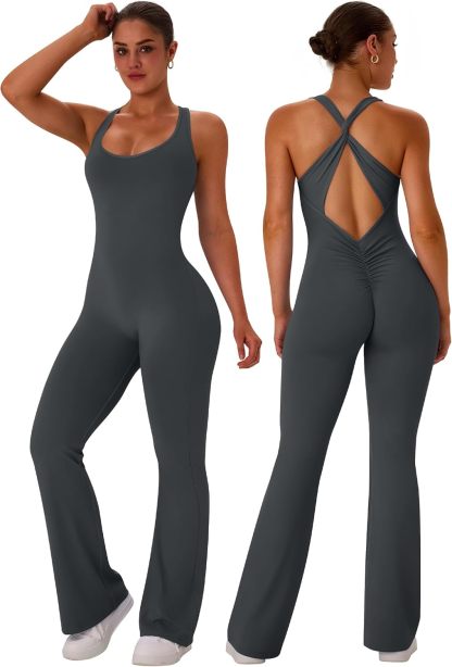  Flare Workout Jumpsuits for Women One Piece Sleeveless Scrunch Butt Lifting Gym Bodysuit Sexy Backless Yoga Outfits