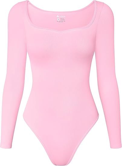 Women Bodysuit Contrast-Trim Square Neck Long Sleeve Stretch Bodysuit Tops