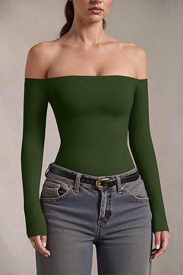 Bodysuits Womens Off-Shoulder Long Sleeve Seamless Shapewear Tops