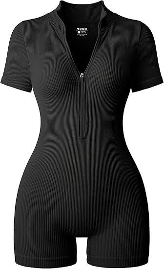 Women Rompers Ribbed Short Sleeve Zip Front Stretch Tummy Control Yoga Workout Rompers
