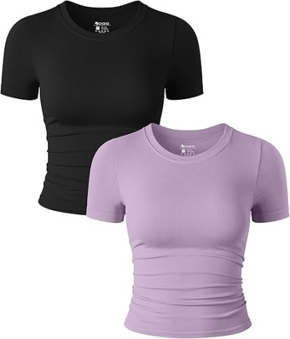 Womens 2 Piece Shirts Short Sleeve Crew Neck Ruched Stretch Fitted Tee Shirts Crop Tops