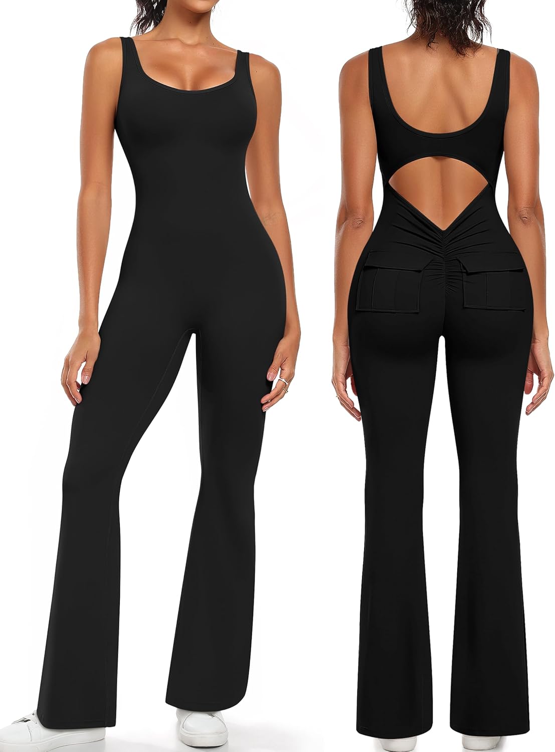  Womens Flare Jumpsuits One Piece Seamless Butt Scrunch Workout Romper Square Neck Backless Wide Leg Unitard