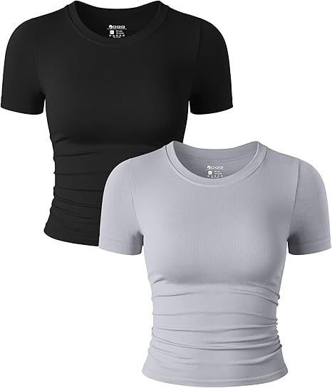 Womens 2 Piece Shirts Short Sleeve Crew Neck Ruched Stretch Fitted Tee Shirts Crop Tops