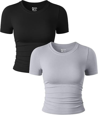Womens 2 Piece Shirts Short Sleeve Crew Neck Ruched Stretch Fitted Tee Shirts Crop Tops