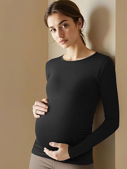Women's Maternity Shirts Crew Neck Maternity Top Long Sleeve Casual Tee Side Ruched Pregnancy Clothes