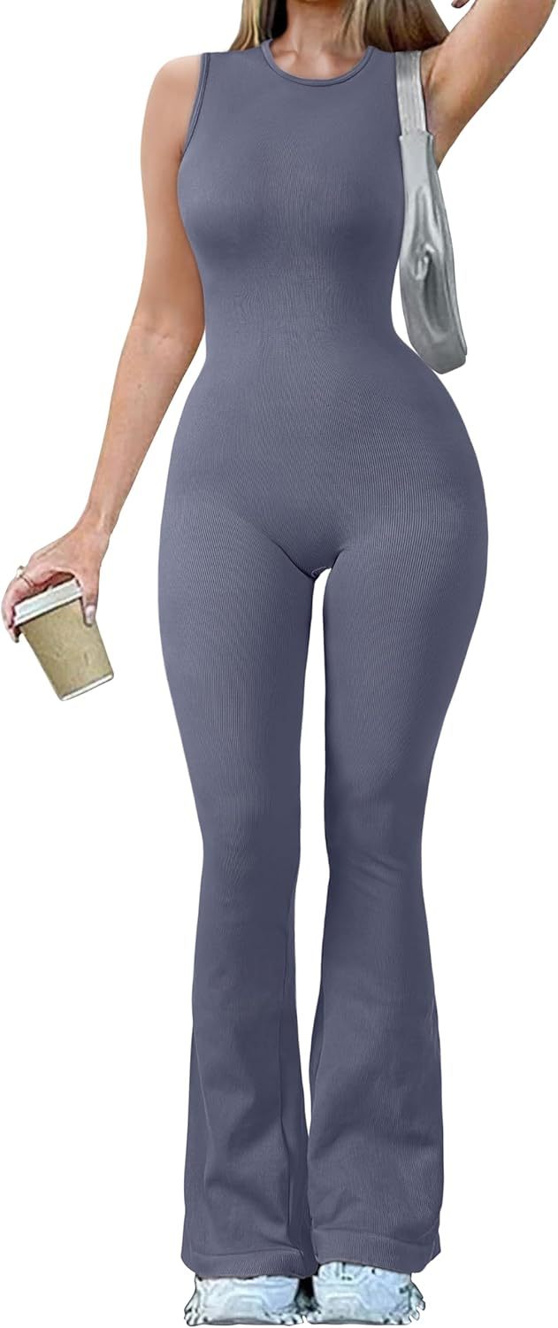 Women Yoga Jumpsuits Ribbed Crew Neck Sleeveless Bell Bottoms Flare Jumpsuits
