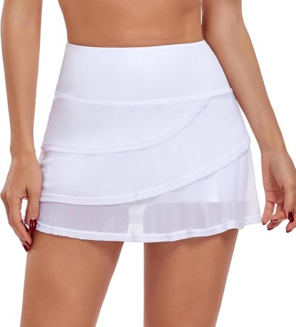 Women's Skirts Mesh High Waisted Ruffle Layered Workout Athletic Tennis Golf Skort Skirts with Pockets for Running