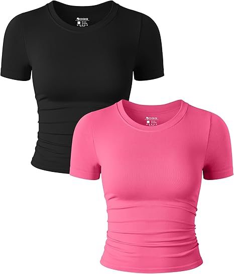 Womens 2 Piece Shirts Short Sleeve Crew Neck Ruched Stretch Fitted Tee Shirts Crop Tops
