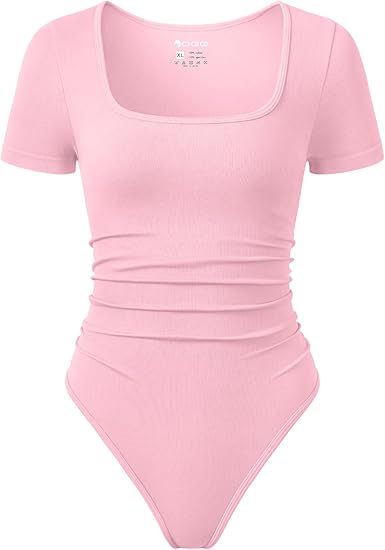 Women Bodysuits Ruched Short Sleeve Square Neck Stretch Lounge Travel Bodysuits