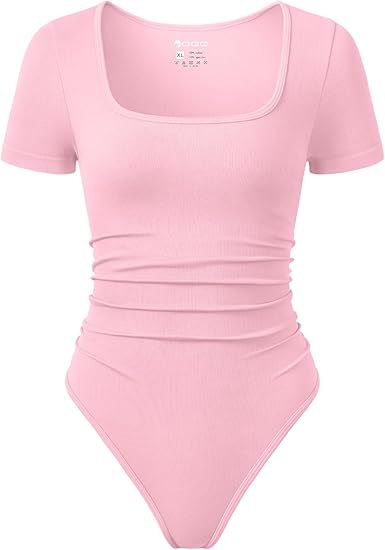 Women Bodysuits Ruched Short Sleeve Square Neck Stretch Lounge Travel Bodysuits