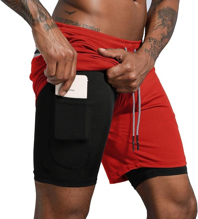 Men's 2 in 1 Workout Running Shorts Lightweight Training Yoga Gym 7" Short with Zipper Pockets