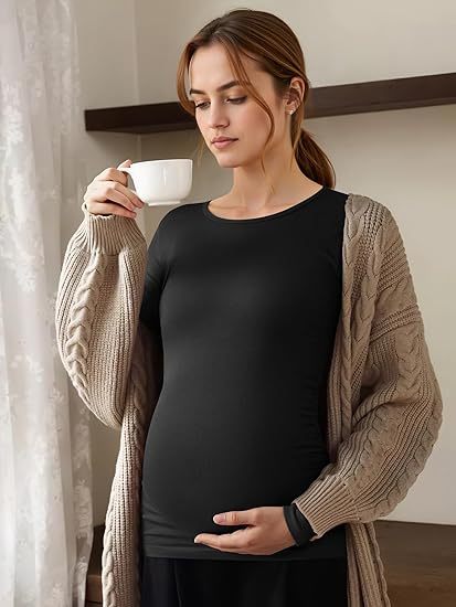 Women's Maternity Shirts Crew Neck Maternity Top Long Sleeve Casual Tee Side Ruched Pregnancy Clothes