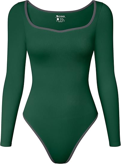 Women Bodysuit Contrast-Trim Square Neck Long Sleeve Stretch Bodysuit Tops