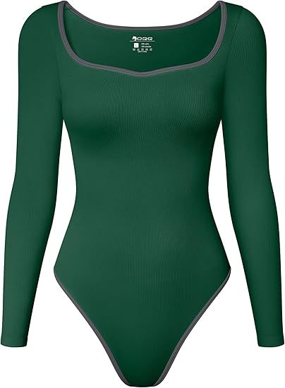 Women Bodysuit Contrast-Trim Square Neck Long Sleeve Stretch Bodysuit Tops