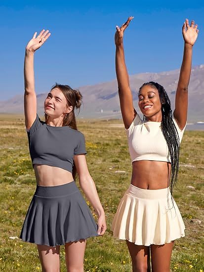 Women Mini Skirts 2 in 1 Flowy Basic Versatile Stretchy Flared Casual A-line Skirt with Pockets