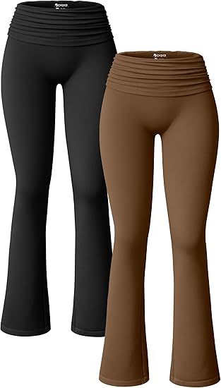 Women's 2 Piece Flared Pants Ribbed Fold Over Kick Ruched Stretch High Waist Casual Wide Leg