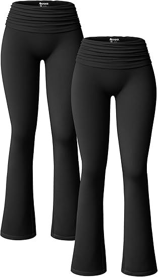 Women's 2 Piece Flared Pants Ribbed Fold Over Kick Ruched Stretch High Waist Casual Wide Leg