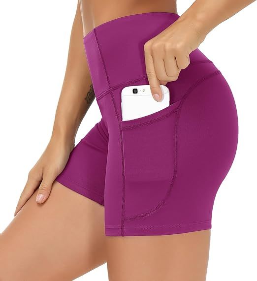 High Waist Yoga Shorts for Women's Tummy Control Fitness Athletic Workout Running Shorts with Deep Pockets